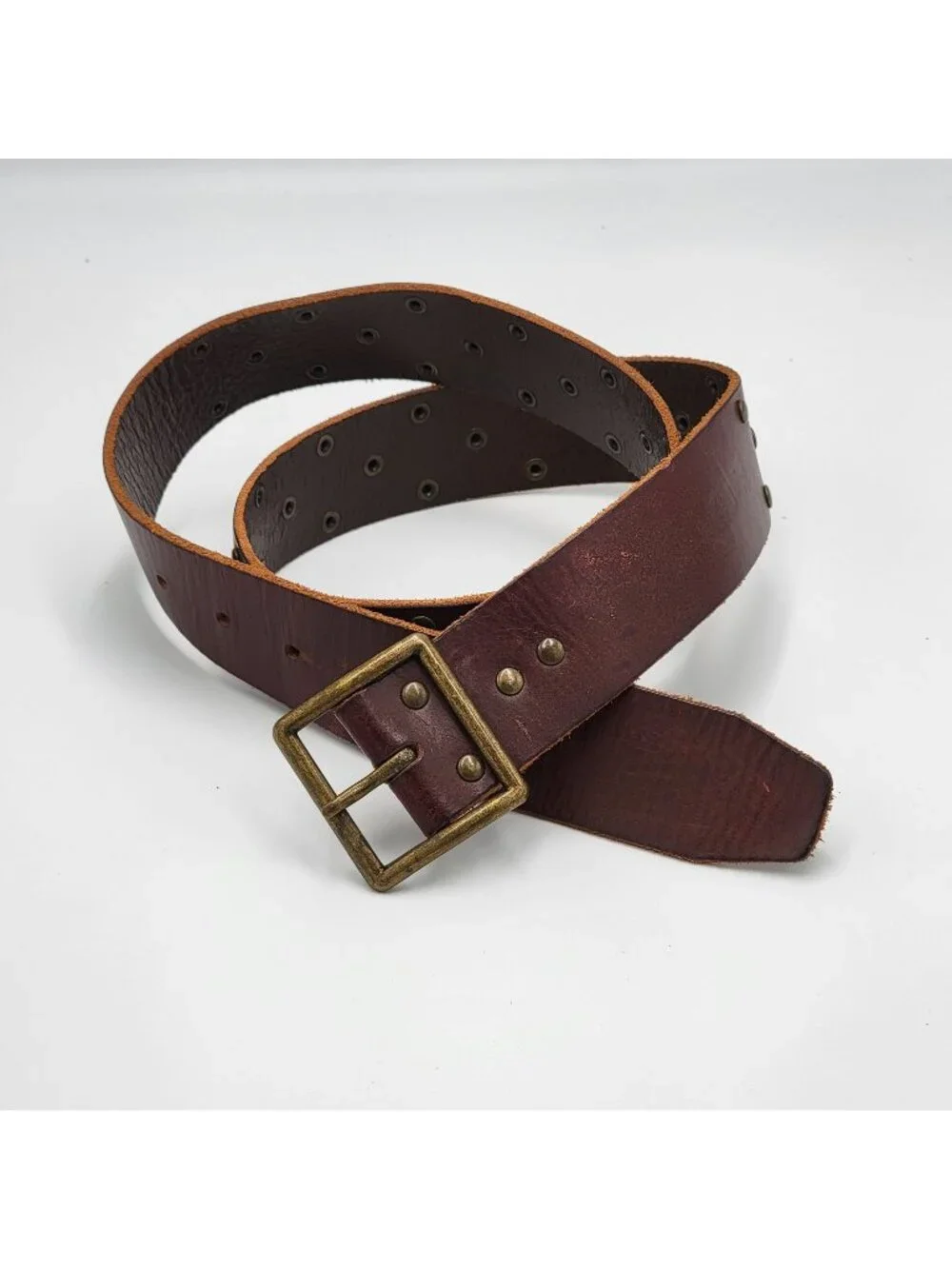 Vtg Y2K Boho  Brown Leather Studded Belt With Brass Buckle Unisex